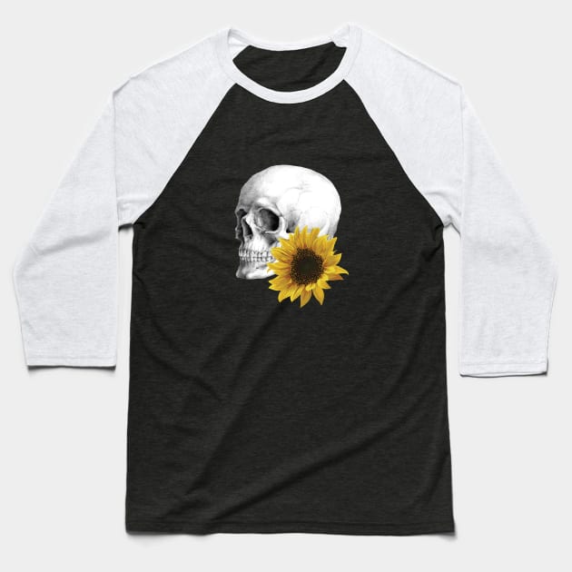 Sunflower Skull Baseball T-Shirt by scaredmuffin